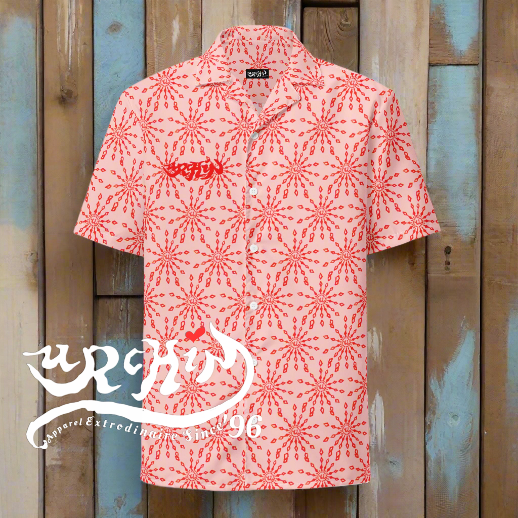 URCHIN 'U FIREWORK'. RED/CORAL Unisex button shirt. Multiple Sizes.