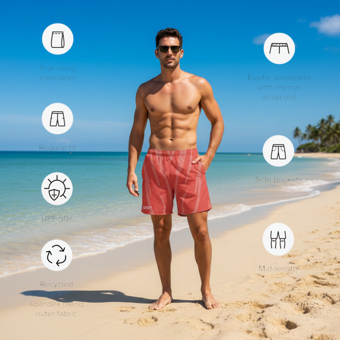 URCHIN RIP WAVE 'RED CORAL' Unisex Premium Recycled Swim Trunks