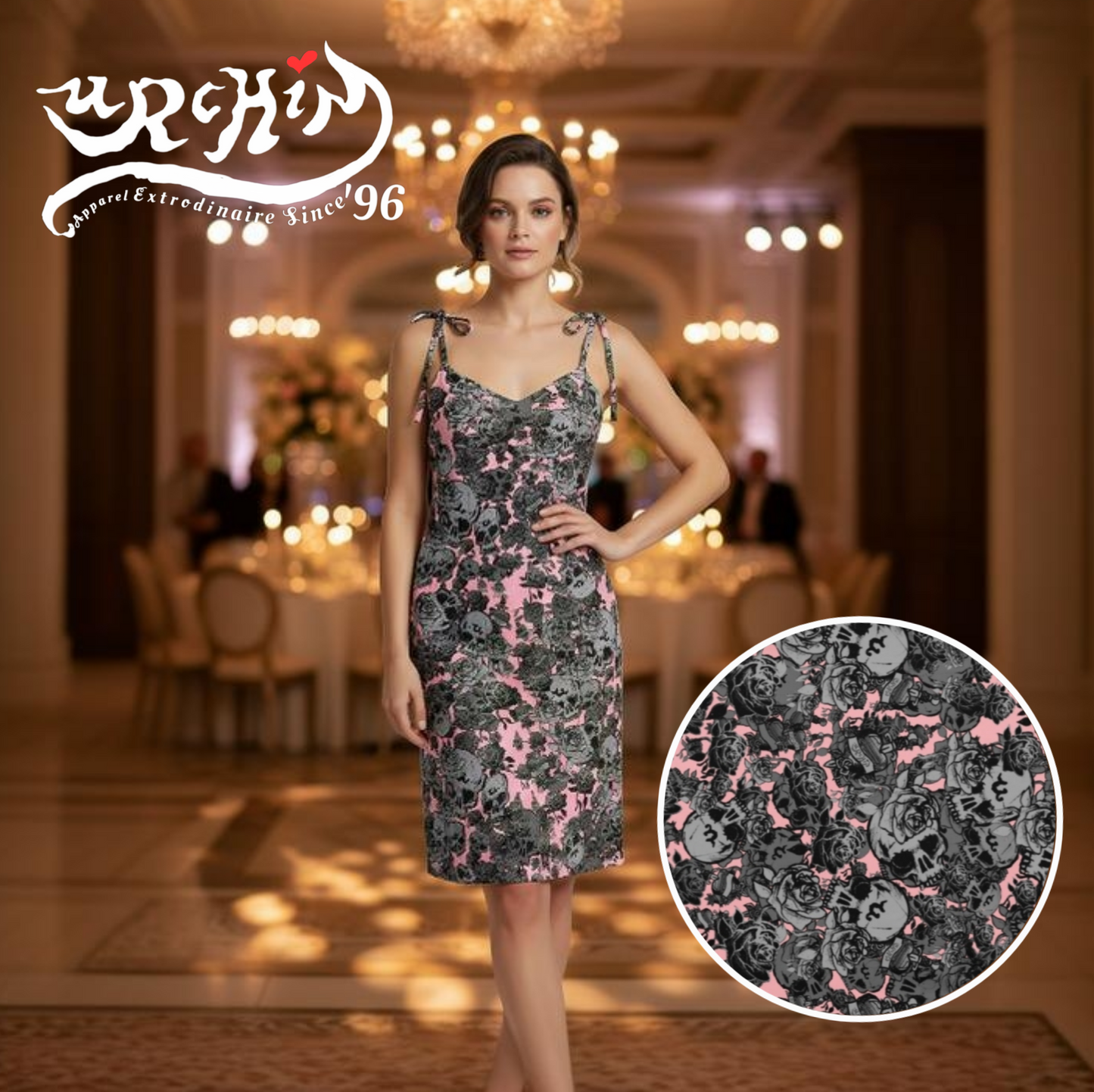 DARK URCHIN-'U Skull Storm' Skulls, Hearts Daggers, & Roses Tattoo Design. Tie-strap midi dress. Colour 'Blush' ( Deep Pink) Choice of Sizes.