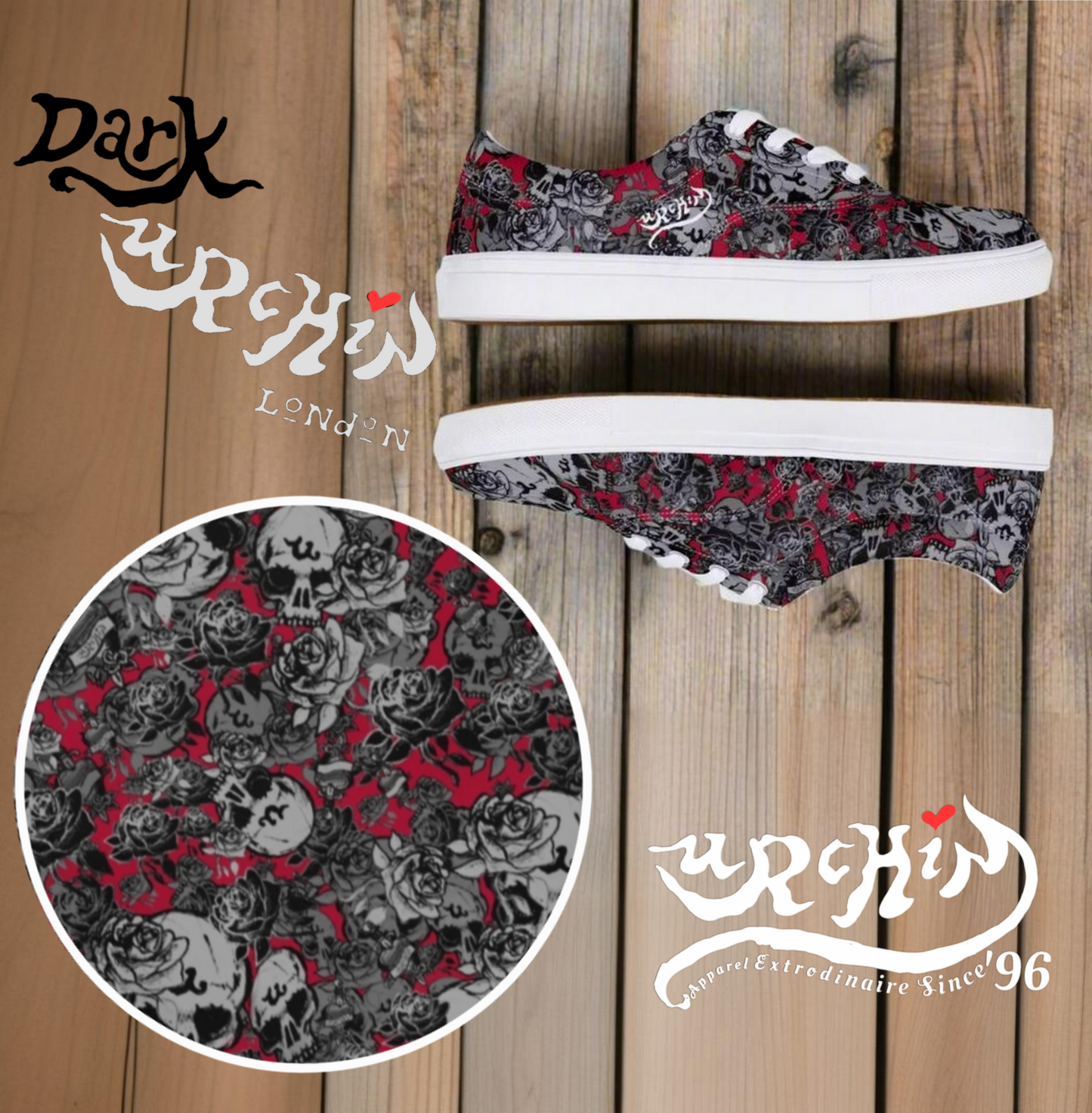 DARK URCHIN 'Skull Storm'. Deep Red. Women’s lace-up Canvas Sneakers. Black or White Detailing.