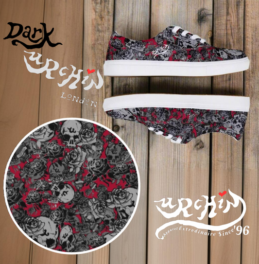 URCHIN 'U Skull Storm'. Deep Red. Women’s lace-up Canvas Sneakers. Choice of Sizes. Black or White Detailing.