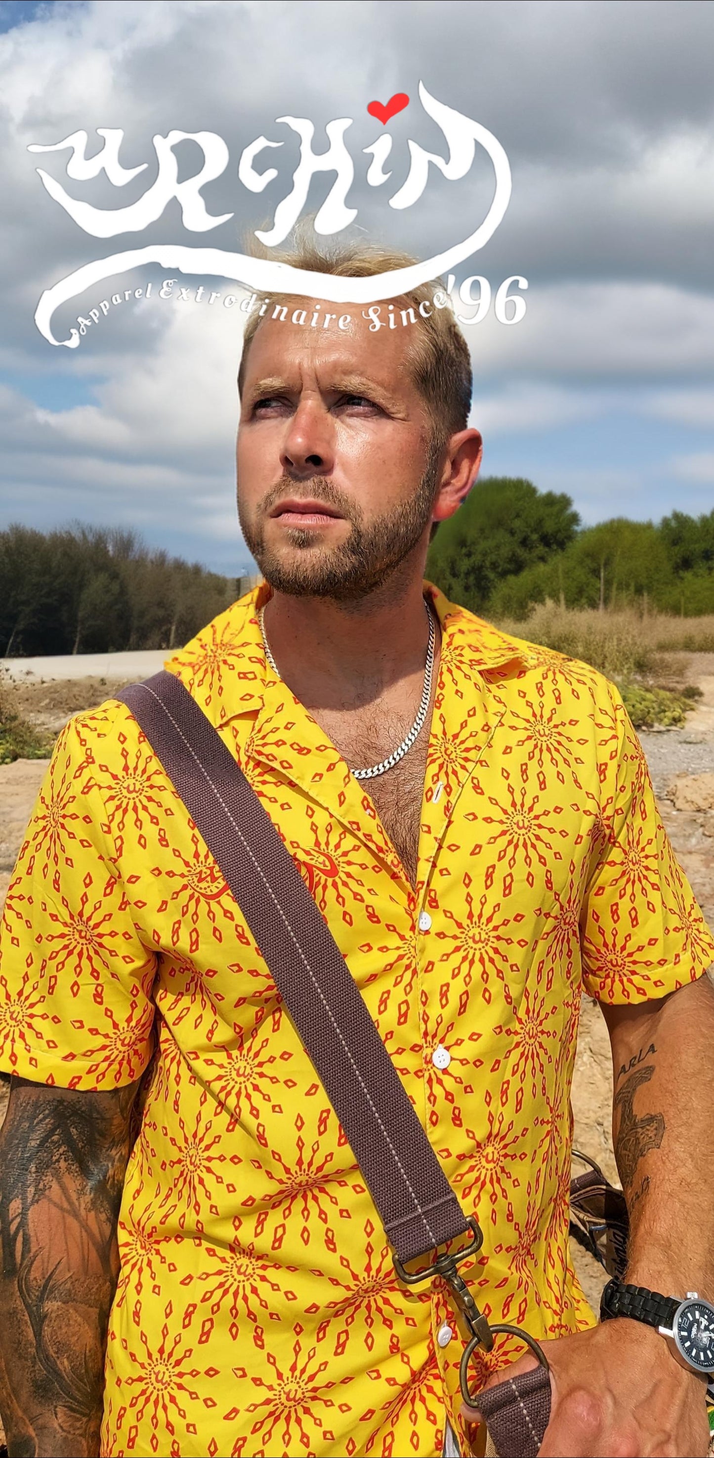URCHIN 'U FIREWORK'. RED/MANGO Unisex button shirt. Multiple Sizes.