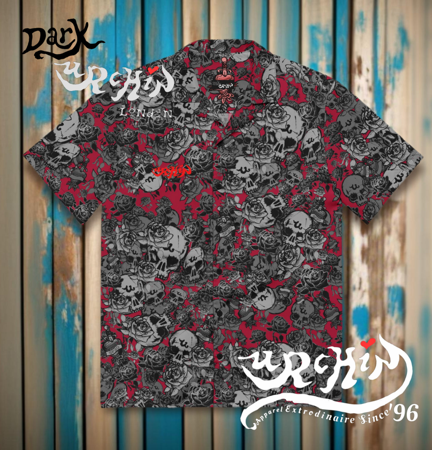 DARK URCHIN-'U Skull Storm' Unisex Shirt. Red Logo. Colour 'Dark Grape' ( Deep Red) Choice of Sizes.