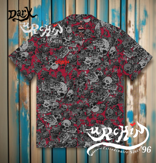 DARK URCHIN-'U Skull Storm' Unisex Shirt. Red Logo. Colour 'Dark Grape' ( Deep Red) Choice of Sizes.