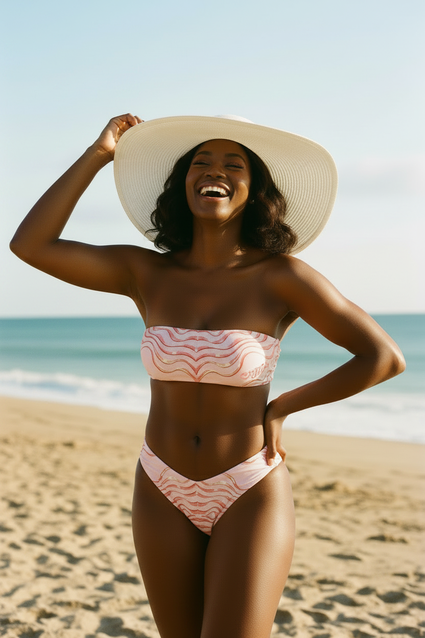 URCHIN 'TATTOO WAVE'. Pink Stripe. Recycled bandeau bikini