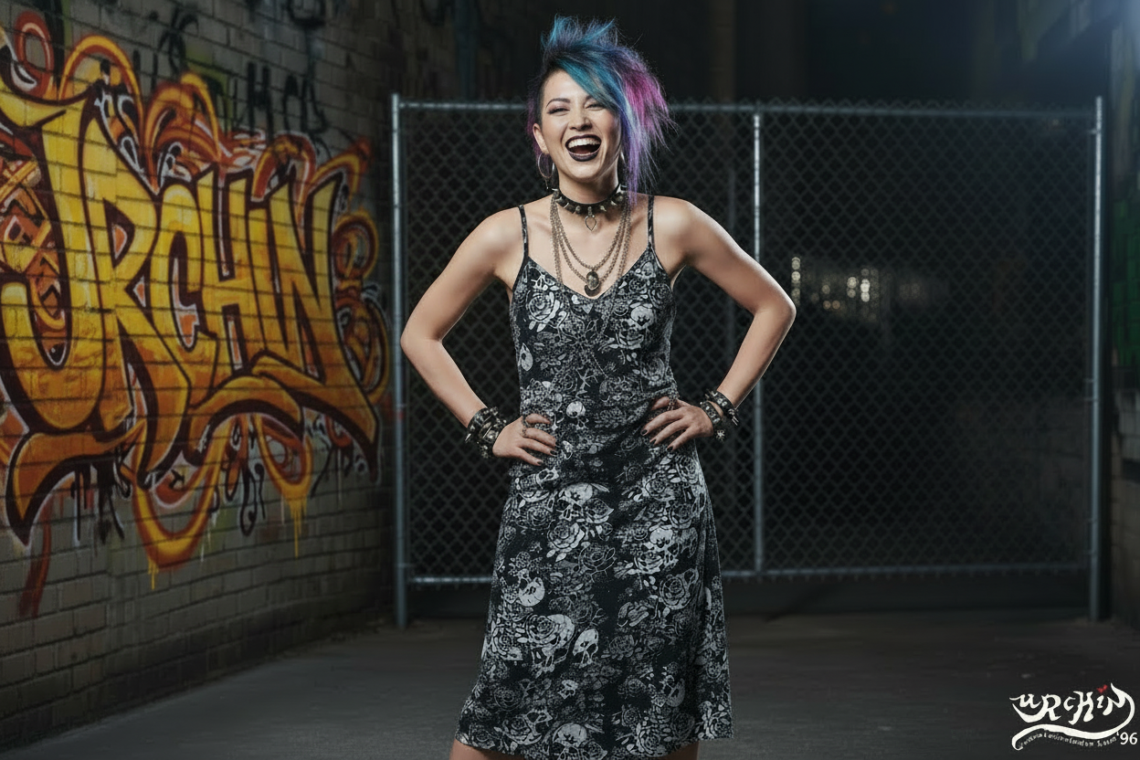 DARK URCHIN-'Skull Storm' Tie-strap midi dress. Colour 'Night' (Black).