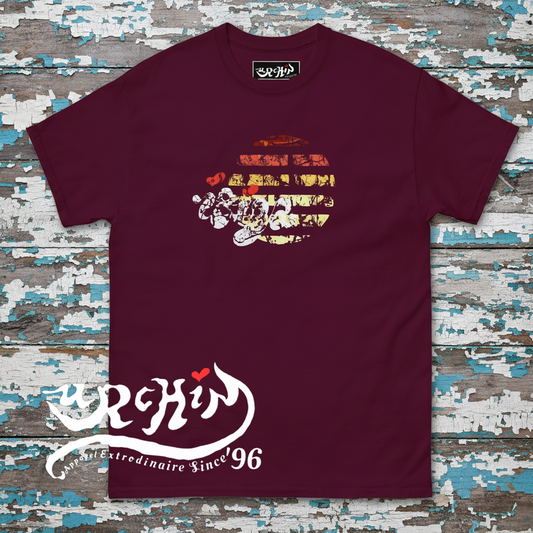 URCHIN 'Urchin Sun' Retro Look. Distressed/ Rough Style. Unisex T Shirt. Dark Colours.