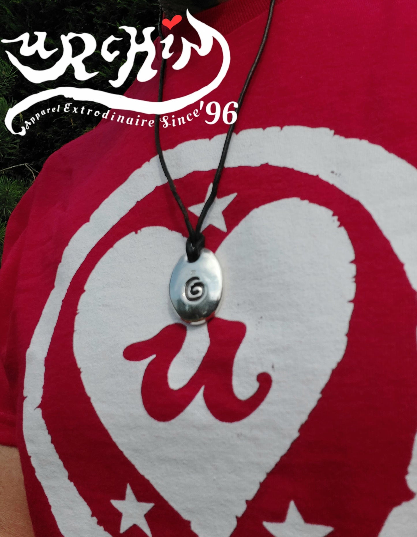 URCHIN -'Spiral' Unisex Drop Disc Urchin Logo Pendant. Solid Silver, Hallmarked. Hand-made in UK.