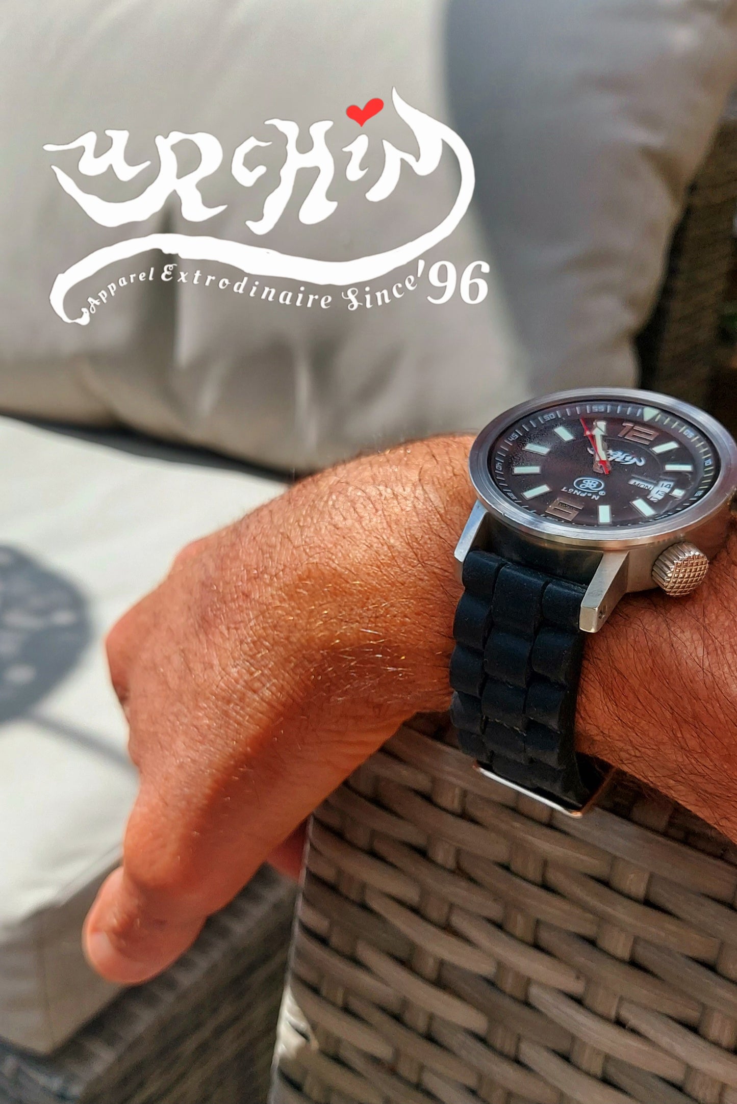 URCHIN Accessories & Watches. Black 'RETRO DIVER' 'Urchin London' Logo Watch. Rubber Strap. *To Order only.