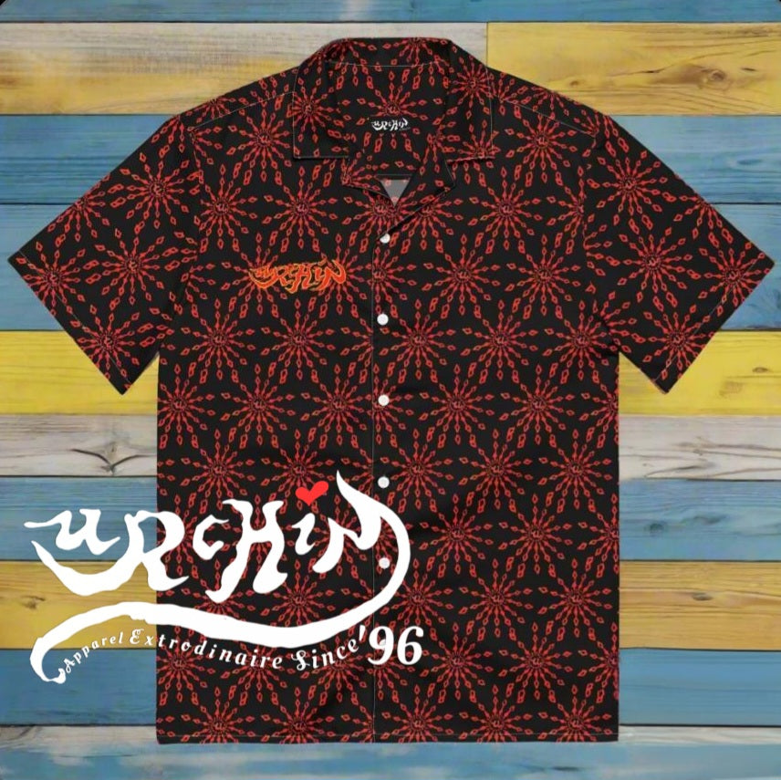 URCHIN 'U FIREWORK'. RED/NIGHT Unisex button shirt. Multiple Sizes.