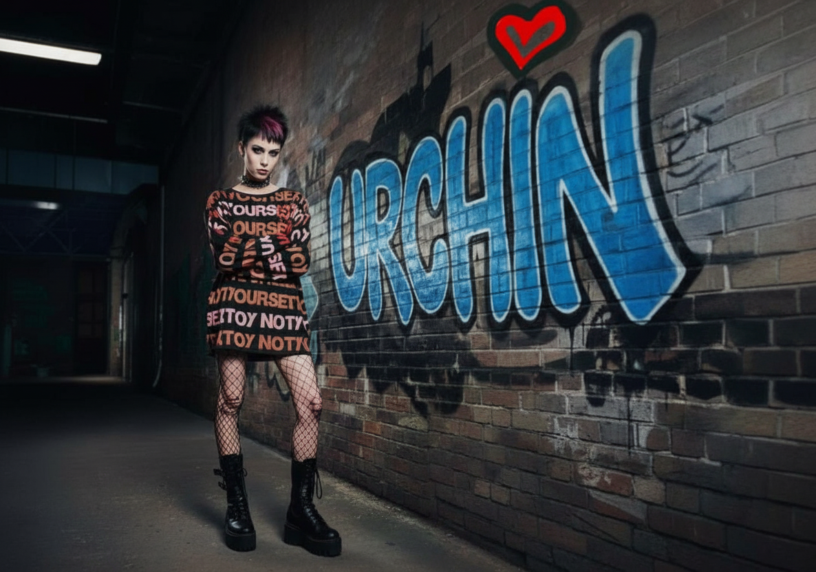 DARK URCHIN 'NOT YOUR SEX TOY' Pink & Red on Black. Women’s straight bottom knitted sweater. XL
