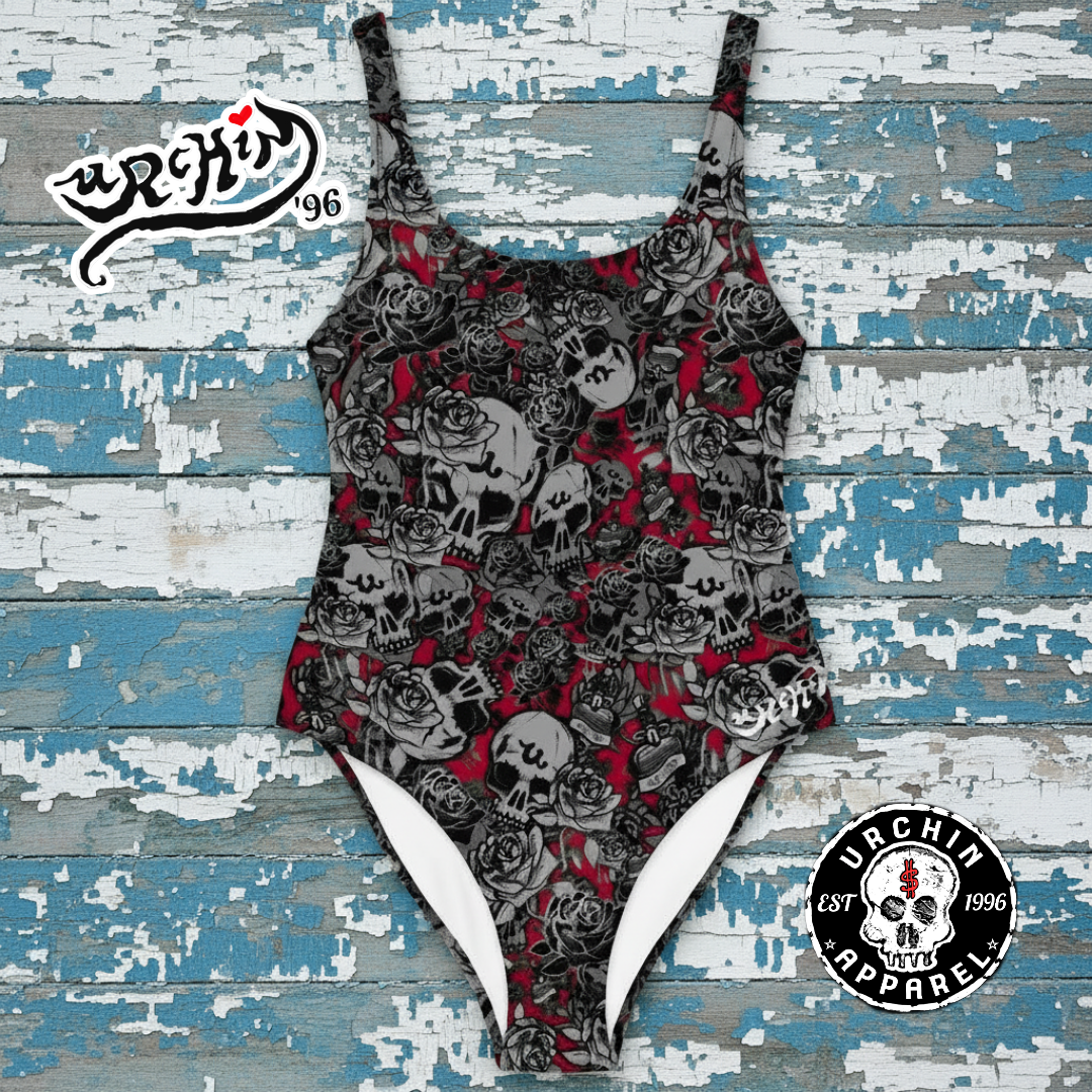 DARK URCHIN-'U Skull Storm'. Colour 'Wine' (Red). Choice of Sizes. One-Piece Swimsuit