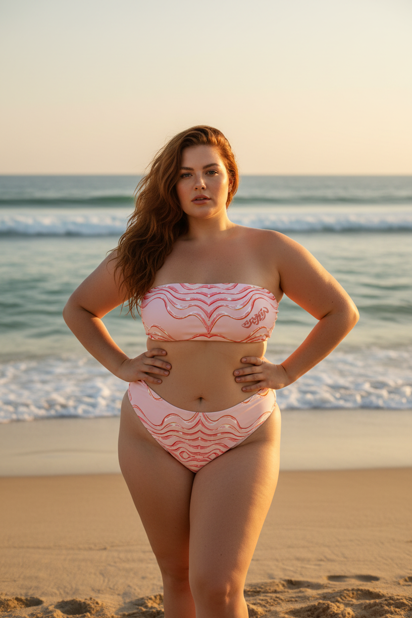 URCHIN 'TATTOO WAVE'. Pink Stripe. Recycled bandeau bikini