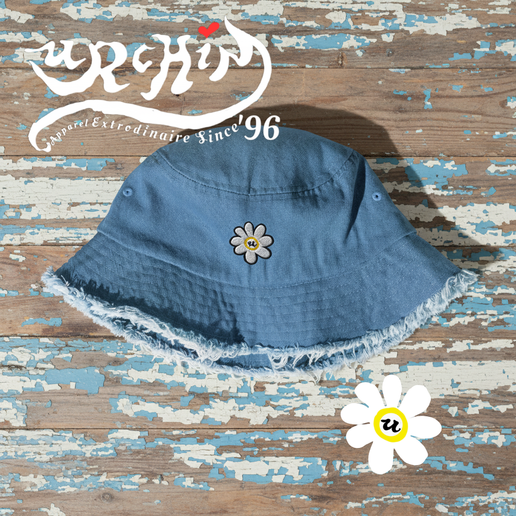 URCHIN -'U DAISY' Embroidered Logo. Distressed denim bucket hat. 3 Denim Options.