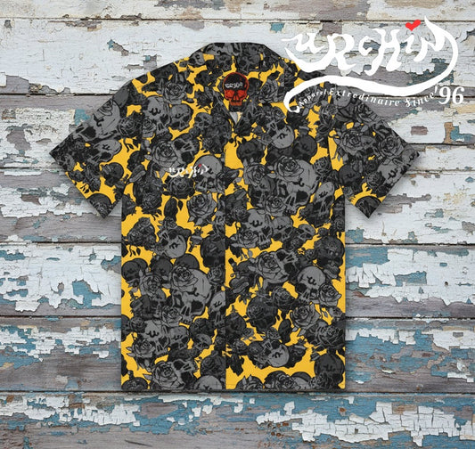 DARK URCHIN-'U Skull Storm' Unisex Shirt. Colour 'Mango' ( Deep Yellow ). White Logo. Choice of Sizes.
