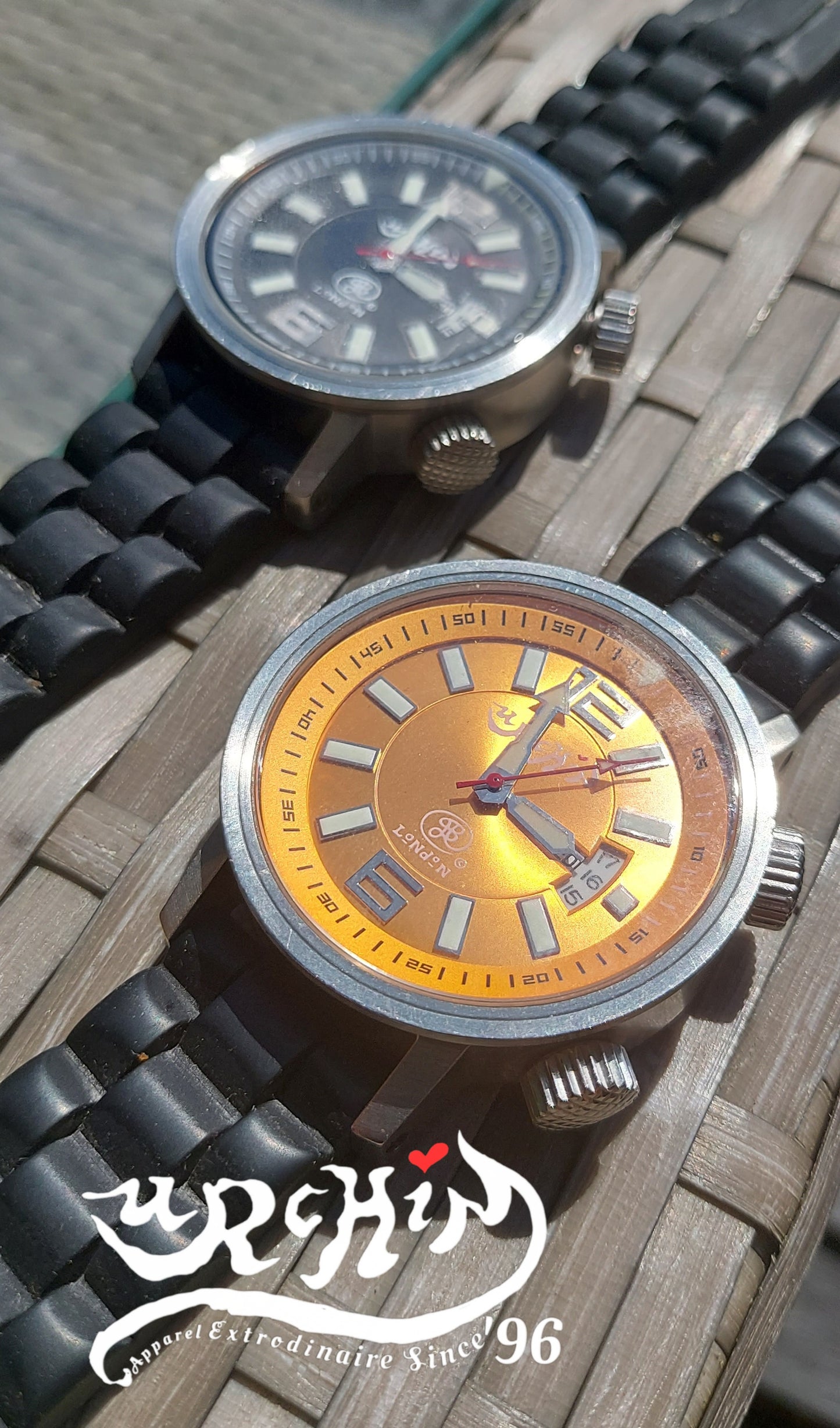 URCHIN Accessories & Watches. Orange 'RETRO DIVER' 'Urchin London' Logo Steel Watch. Rubber Strap. *To Order pnly.