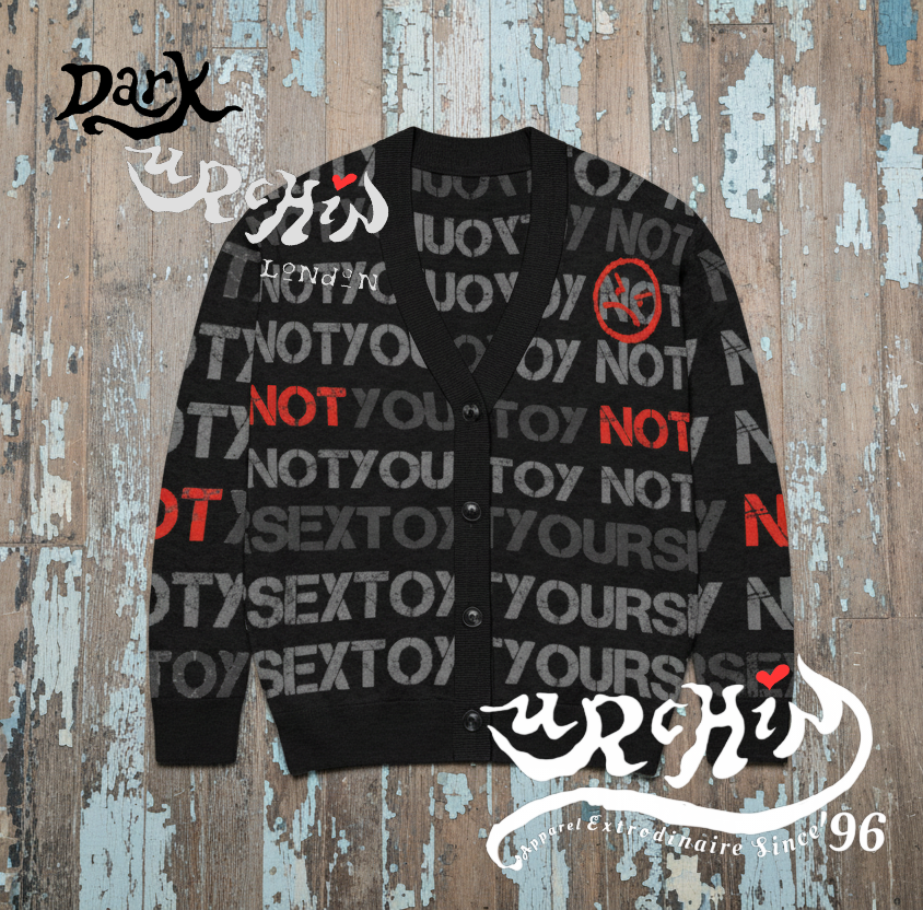 DARK URCHIN 'NOT YOUR SEX TOY'Knitted cardigan. Grey & Red on Black. XL