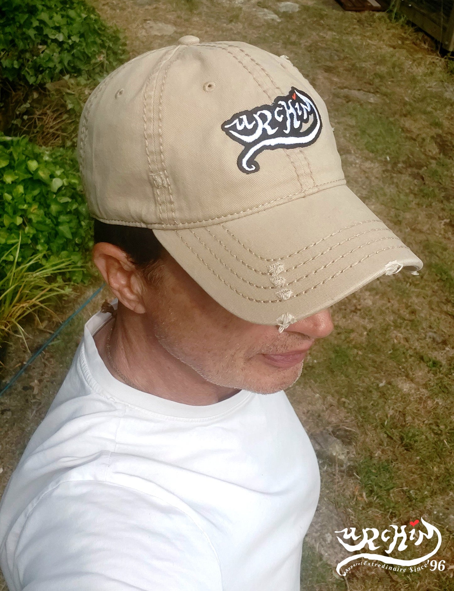 URCHIN Hats 'Urchin' Logo. Baseball Cap. White on Black Logo. Lightly Distressed. Embroidered front and side Design. Choice of Colours. Unisex.