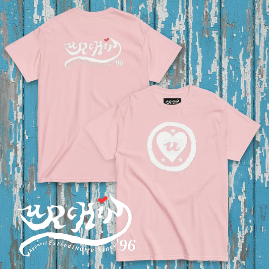 URCHIN Clothes-'LOVE U' White Logo. Cotton T Shirt. Pink. Unisex