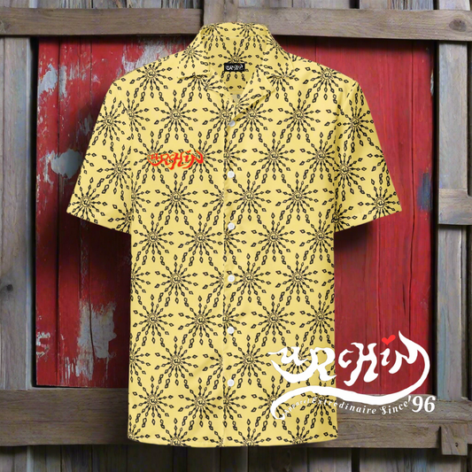 URCHIN 'U FIREWORK'. BLACK/PINEAPPLE Unisex button shirt. Multiple Sizes.