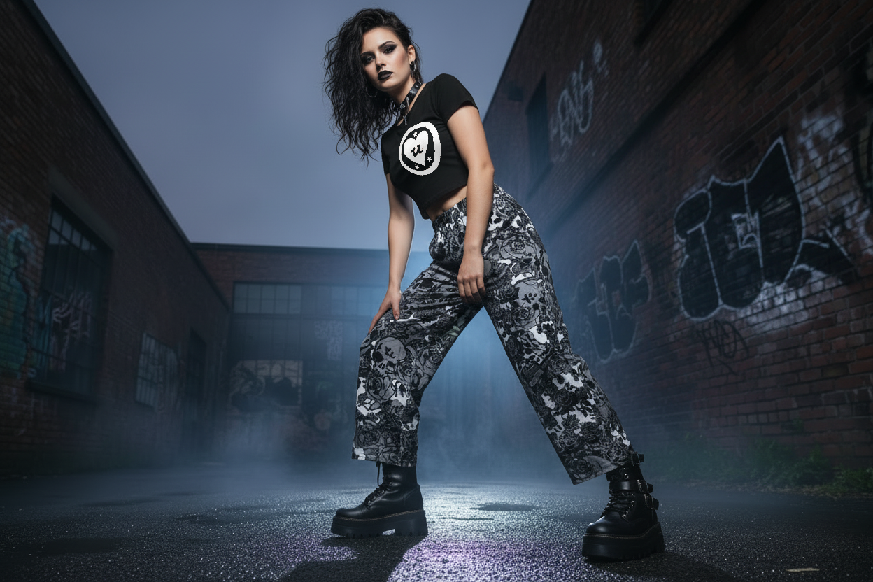 DARK URCHIN SKULL STORM 'SNOW' wide-leg pants/trousers. Unisex.