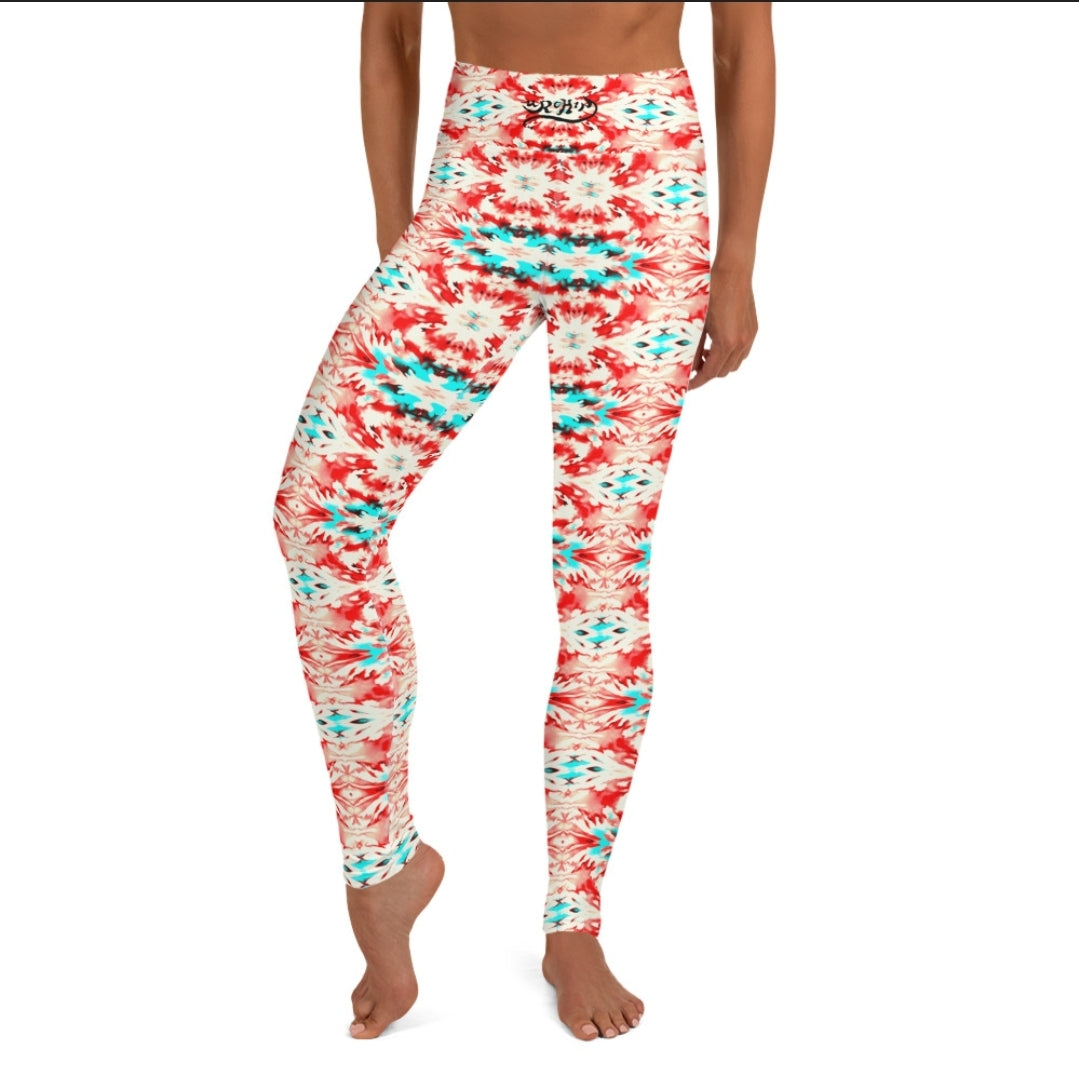 URCHIN Clothes & Sportswear 'CORAL SEA' Red and Blue Tie Dye. Yoga Leggings. Choice of Sizes.