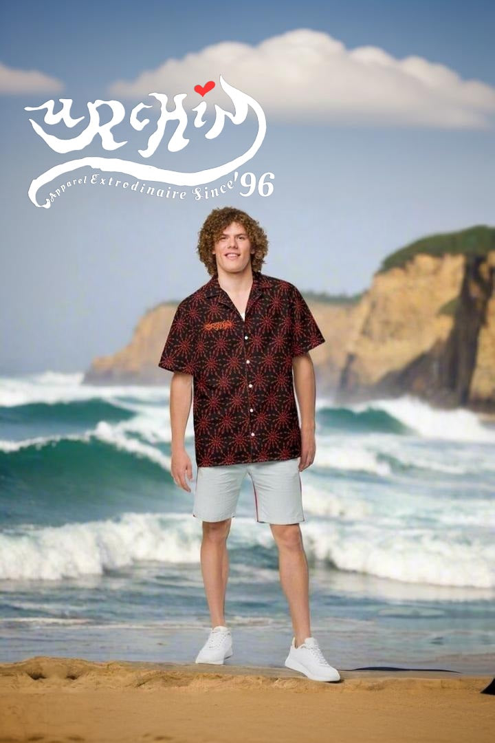 URCHIN 'U FIREWORK'. RED/NIGHT Unisex button shirt. Multiple Sizes.