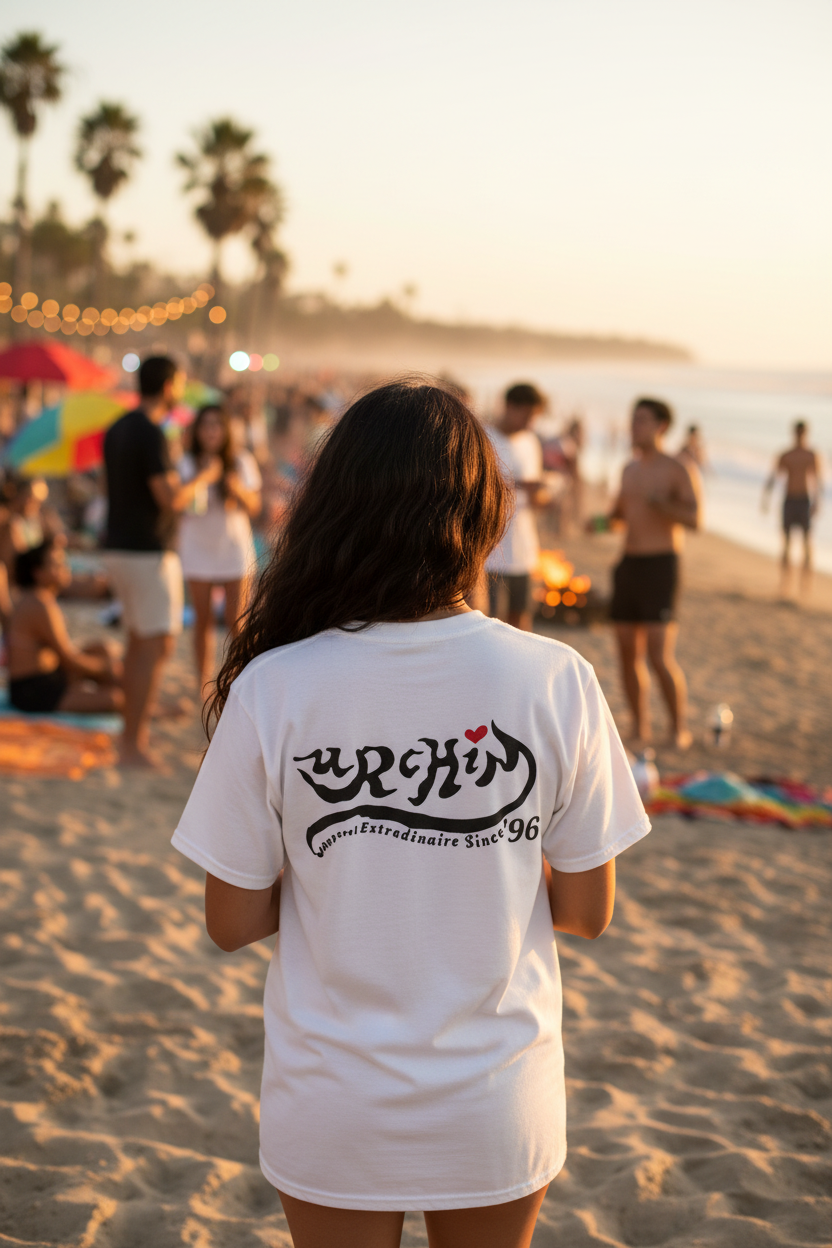 URCHIN 'Ibiza Sunset Spin'. White T Shirt. Unisex. Choice of Sizes