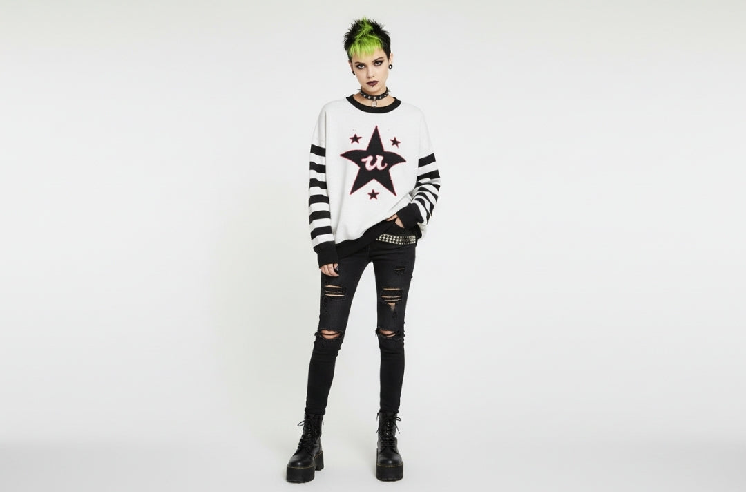 DARK URCHIN 'U STAR' MENACE Unisex Relaxed fit knitted crew neck sweater. Black Star.