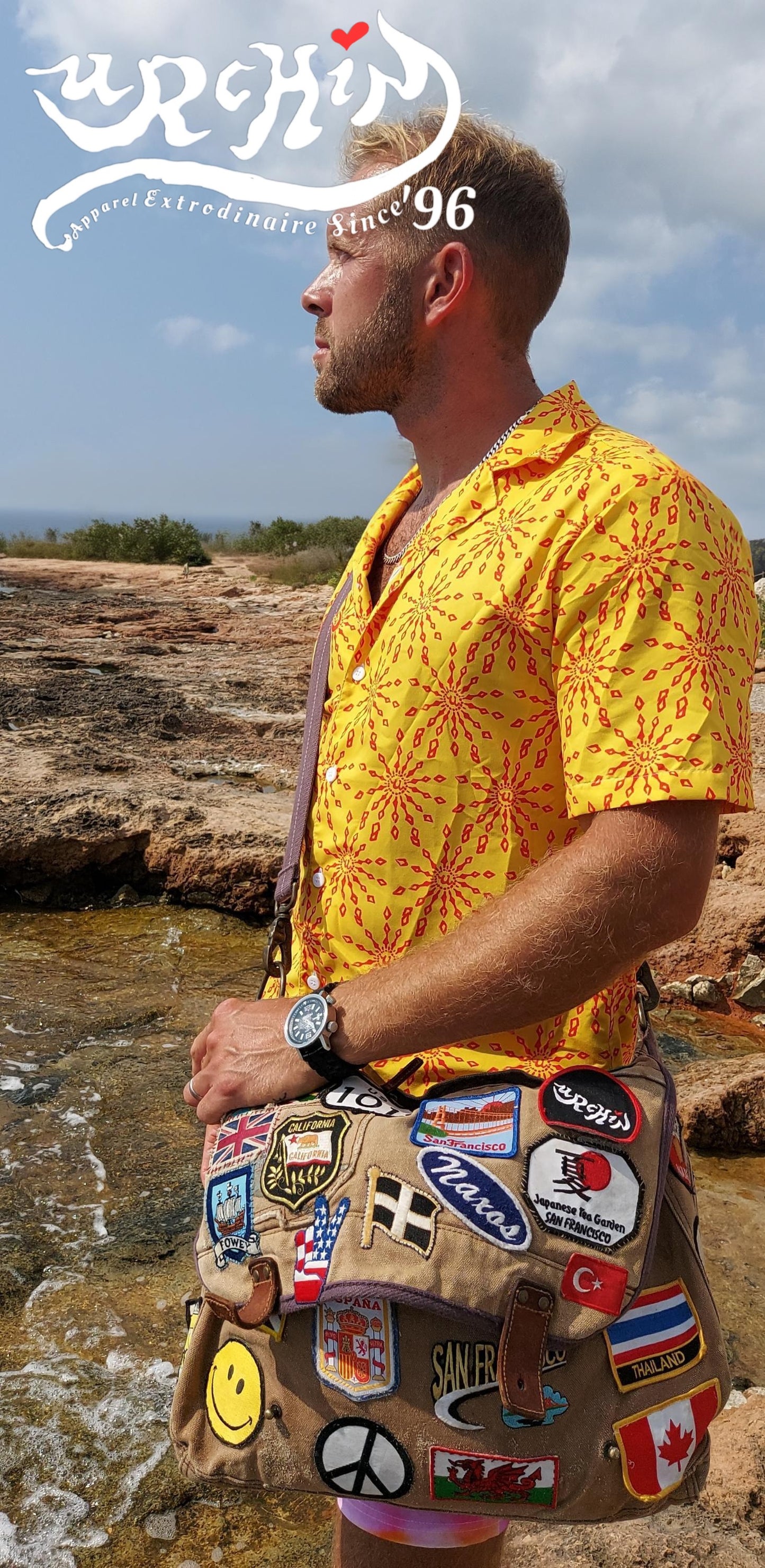 URCHIN 'U FIREWORK'. RED/MANGO Unisex button shirt. Multiple Sizes.