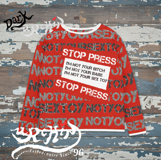 DARK URCHIN 'STOP PRESS NOT YOUR SEX TOY' Grey & Black on Red. Women’s straight bottom knitted sweater. XL