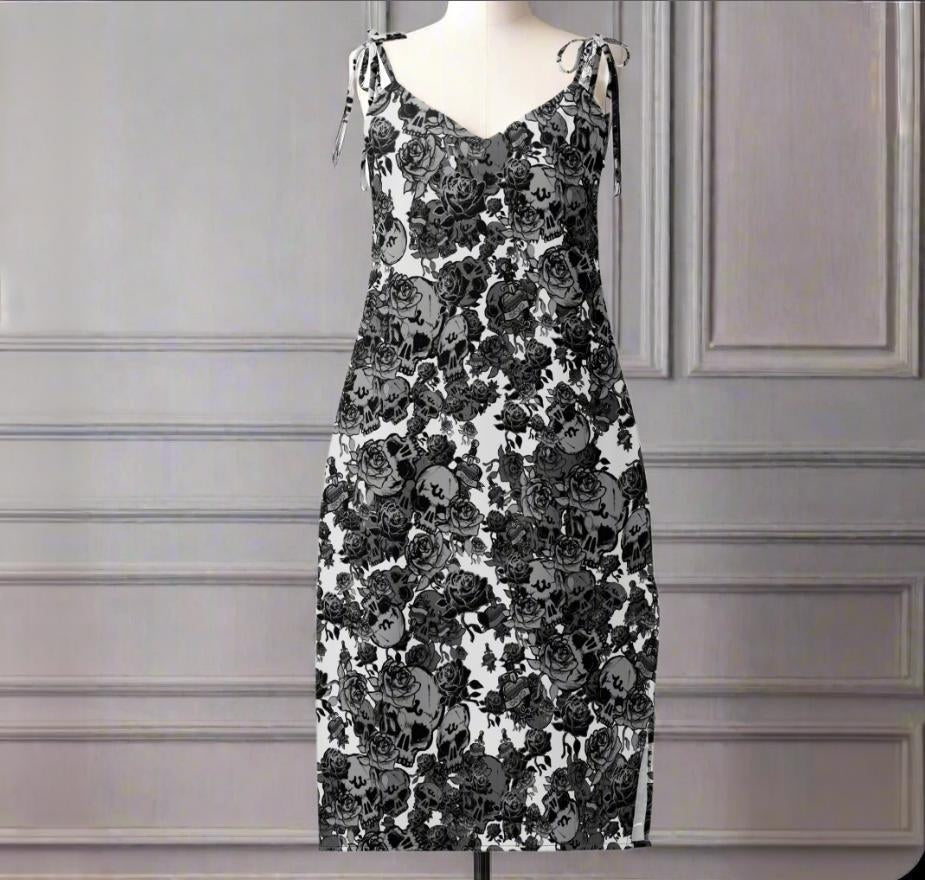 DARK URCHIN-'U Skull Storm' Skulls, Hearts Daggers, & Roses Tattoo Design. Tie-strap midi dress. Colour 'Metal' ( light Grey) Choice of Sizes.