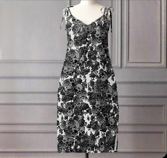 DARK URCHIN-'U Skull Storm' Skulls, Hearts Daggers, & Roses Tattoo Design. Tie-strap midi dress. Colour 'Metal' ( light Grey) Choice of Sizes.