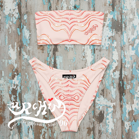 URCHIN 'TATTOO WAVE'. Pink Stripe. Recycled bandeau bikini