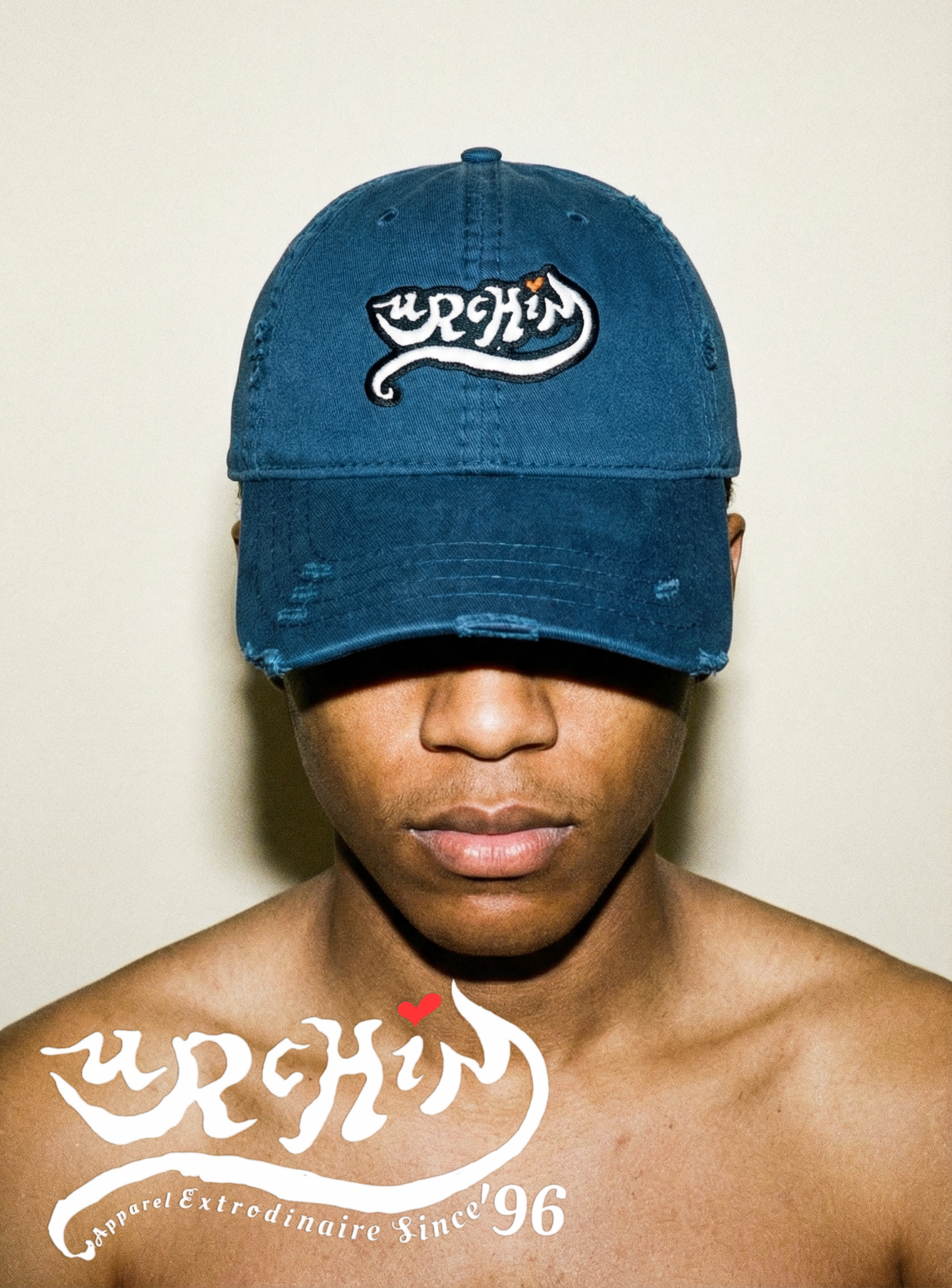 URCHIN Hats 'Urchin' Logo. Baseball Cap. White on Black Logo. Lightly Distressed. Embroidered front and side Design. Choice of Colours. Unisex.