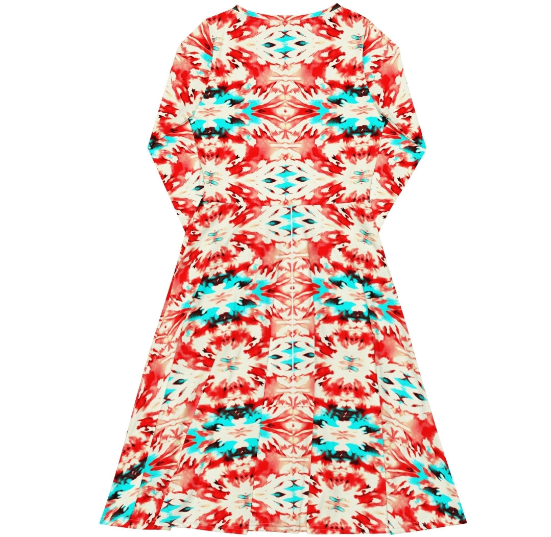 URCHIN 'CORAL SEA' Long Sleeve Midi Dress. Red and Blue Tie Dye Print.