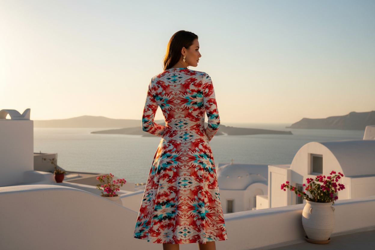 URCHIN 'CORAL SEA' Long Sleeve Midi Dress. Red and Blue Tie Dye Print.
