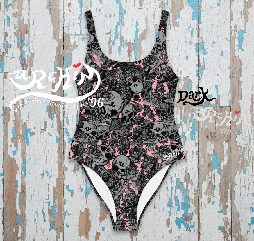 DARK URCHIN 'Skull Storm' One Piece Swimsuit. Colour 'Coral' (Pink). Choice of Sizes.
