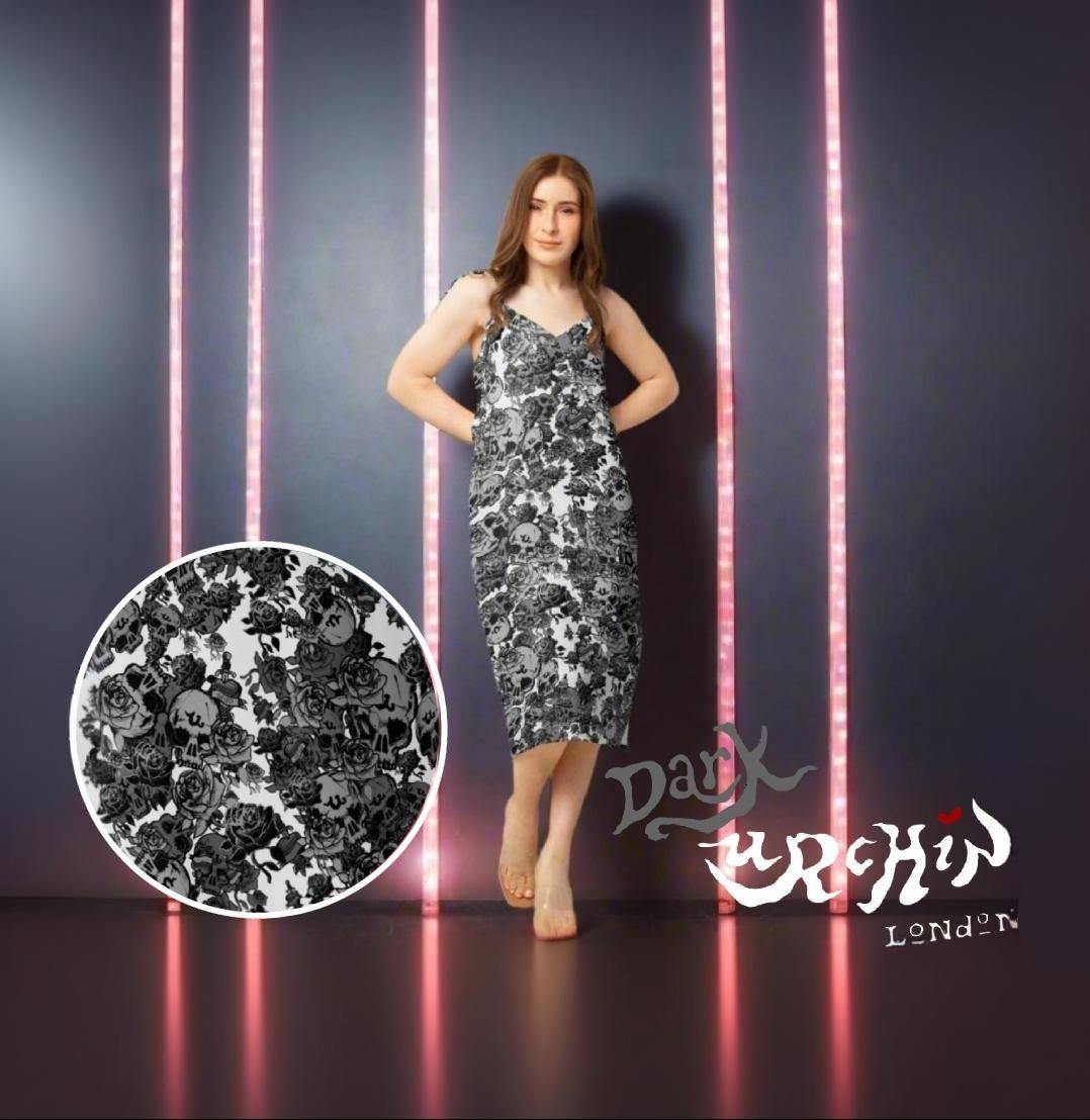 DARK URCHIN-'U Skull Storm' Skulls, Hearts Daggers, & Roses Tattoo Design. Tie-strap midi dress. Colour 'Metal' ( light Grey) Choice of Sizes.