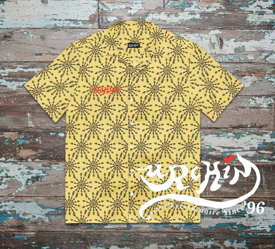 URCHIN 'U FIREWORK'. BLACK/PINEAPPLE Unisex button shirt. Multiple Sizes.