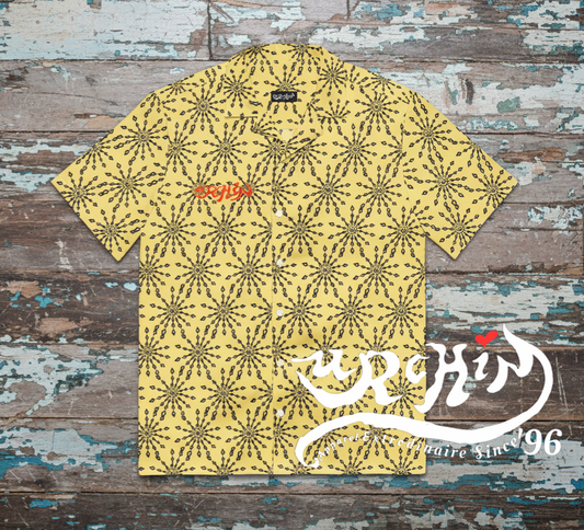 URCHIN 'U FIREWORK'. BLACK/PINEAPPLE Unisex button shirt. Multiple Sizes.
