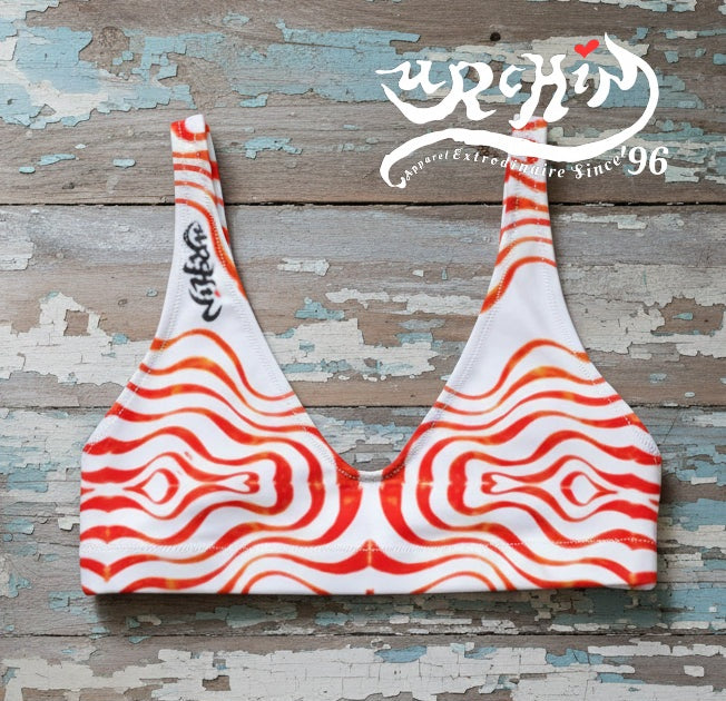 URCHIN Swimwear. 'TATTOO WAVE' RED SYRIPE. Recycled padded bikini top. Choice of Sizes.
