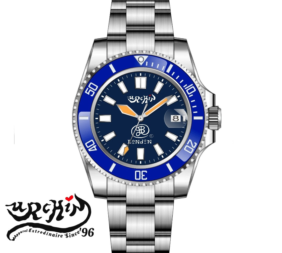 URCHIN Accessories & Watches. 'CRONOGRAPH DIVER' Blue & White 'Urchin London' Logo Watch. Steel Body and Strap. *To Order only.