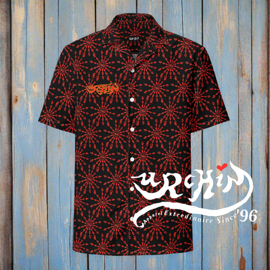 URCHIN 'U FIREWORK'. RED/NIGHT Unisex button shirt. Multiple Sizes.