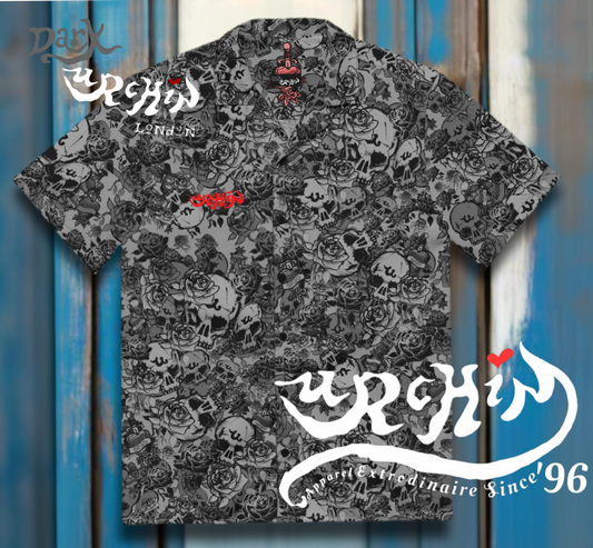 DARK URCHIN-'U Skull Storm' Unisex Shirt. Skulls, Hearts Daggers, & Roses Tattoo Design. Colour 'Metal' ( light Grey) Red Logo. Choice of Sizes.