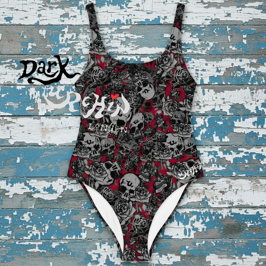 DARK URCHIN-'U Skull Storm'. Colour 'Wine' (Red). Choice of Sizes. One-Piece Swimsuit