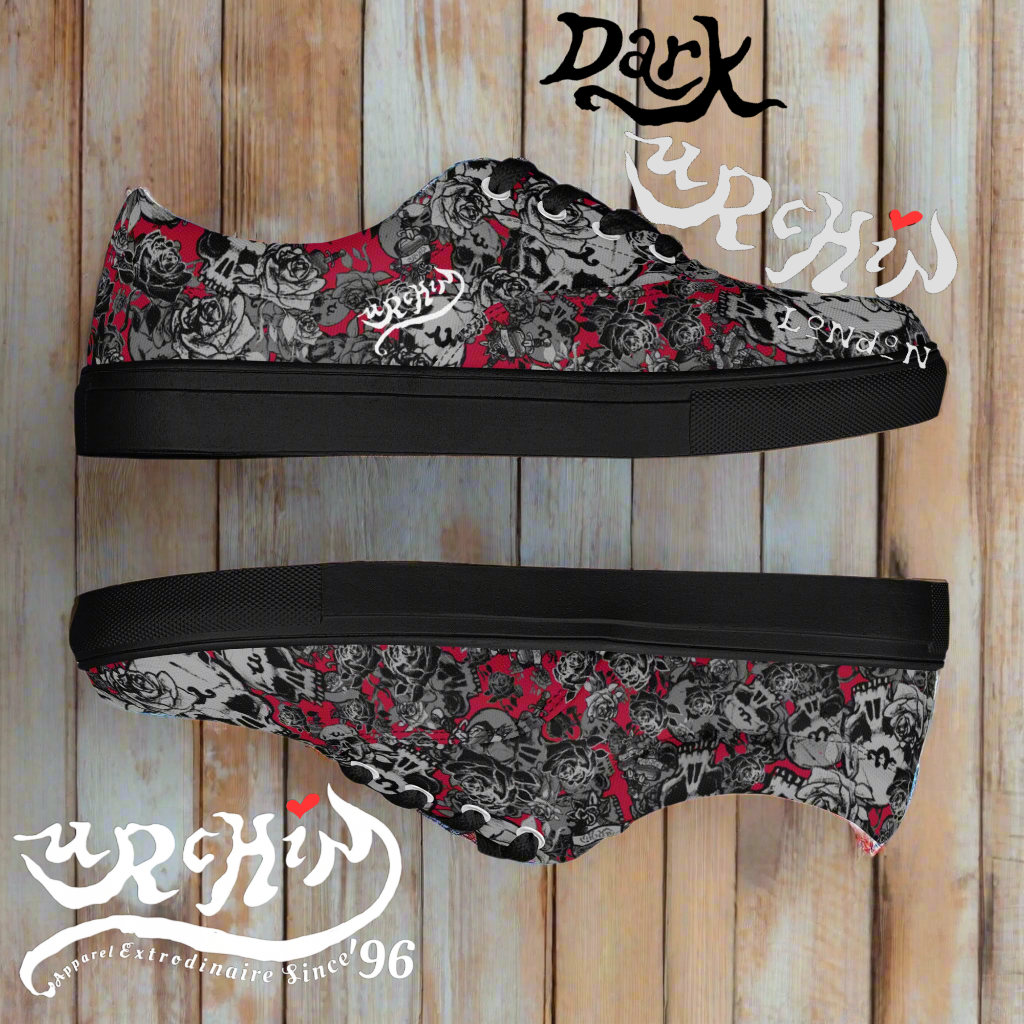 DARK URCHIN 'Skull Storm'. Deep Red. Women’s lace-up Canvas Sneakers. Black or White Detailing.