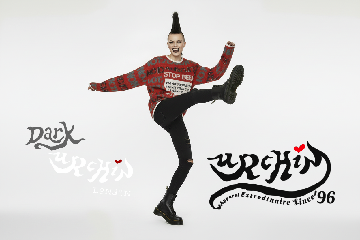 DARK URCHIN 'STOP PRESS NOT YOUR SEX TOY' Grey & Black on Red. Women’s straight bottom knitted sweater. XL