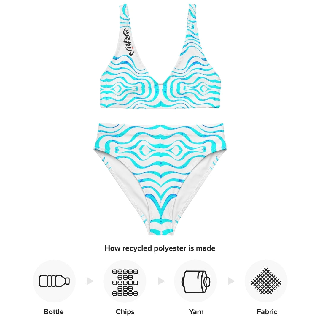 URCHIN Clothes & Swimwear. 'TATTOO WAVE' BLUE. Recycled high-waisted bikini.