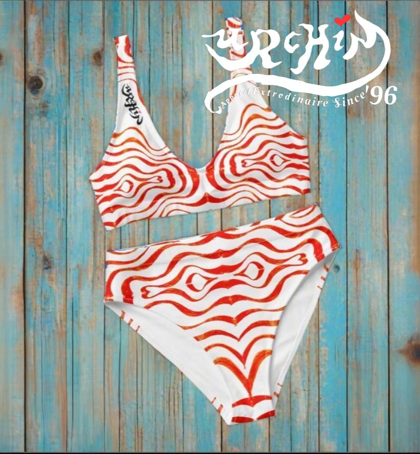 URCHIN Swimwear. 'TATTOO WAVE' Red. Recycled high-waisted bikini. Choice of Sizes.